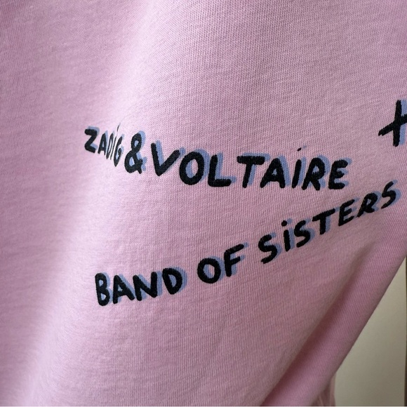 Zadig Voltaire XS Band of Sisters Rhinestone Pink Graphic Short Sleeve Boxy Tee - Picture 7 of 9